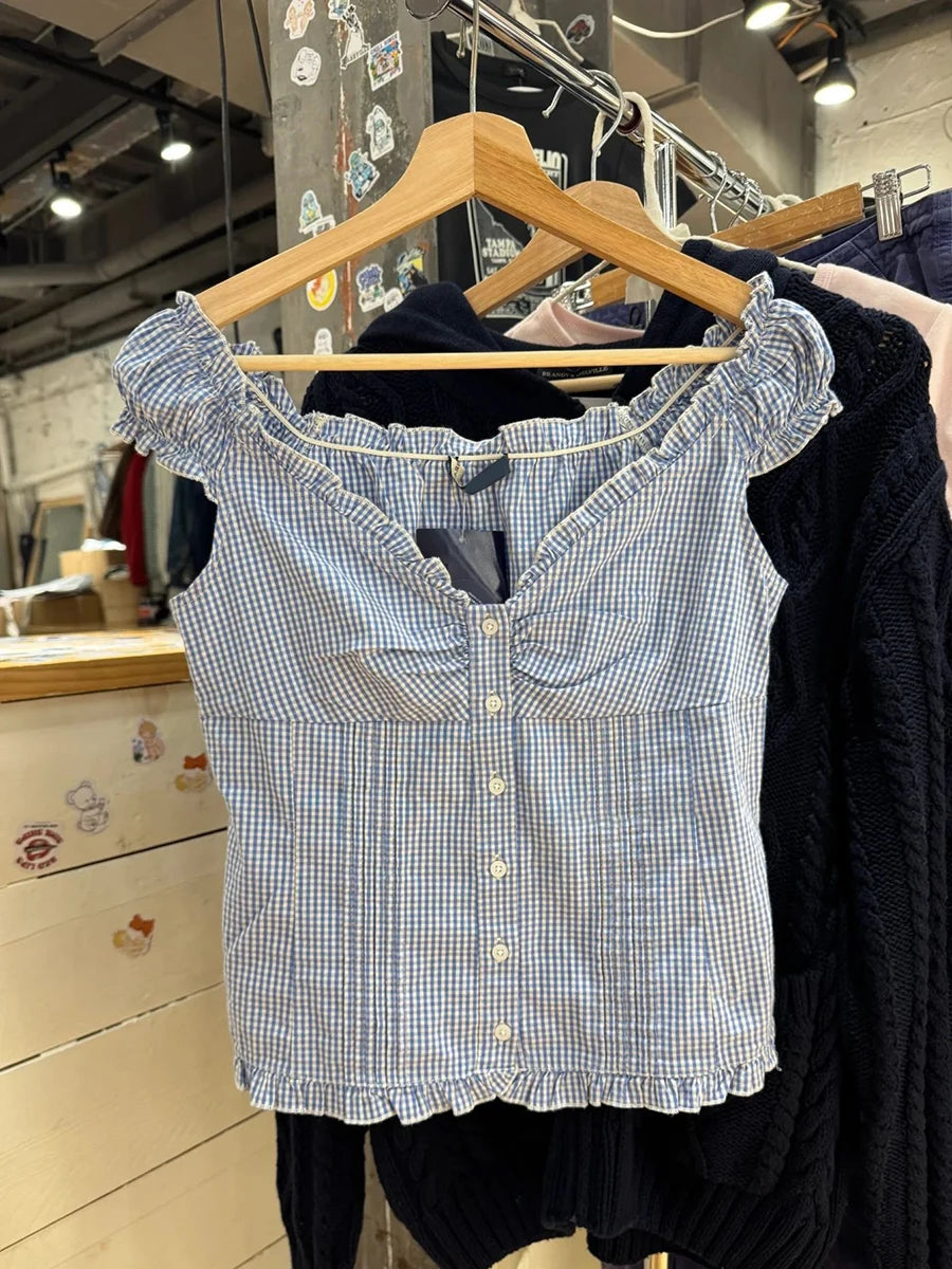 Blue Plaid Ruffles T-shirt Women Summer Folds V-neck Single Breasted Short Sleeve Tee Shirts Sweet Girls Cotton Slim Crop Top