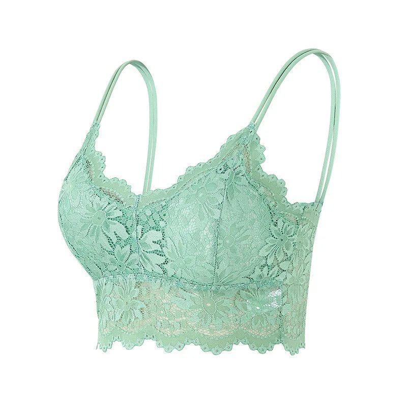 Damen BH 2025 - Blumen-Spitzen BH ohne Bügel mit Bogenkante & Doppelträgern