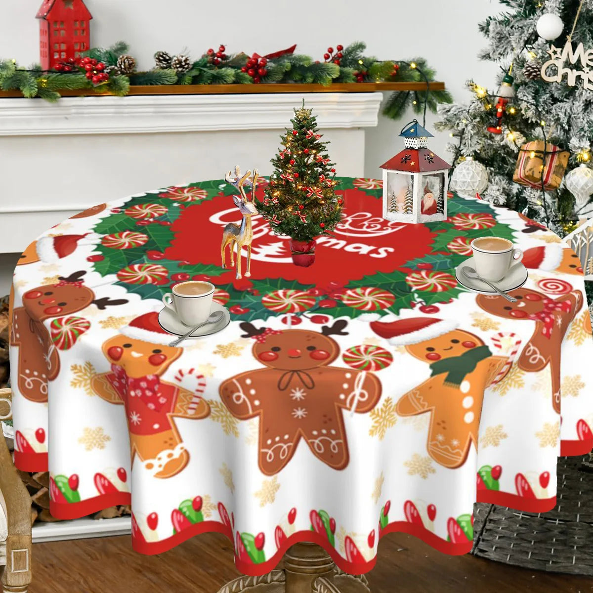 Christmas Tablecloth Black Merry Christmas Round Table Cloth Christmas Elk and Presents Table Cover Fabric Home Decoration Gift