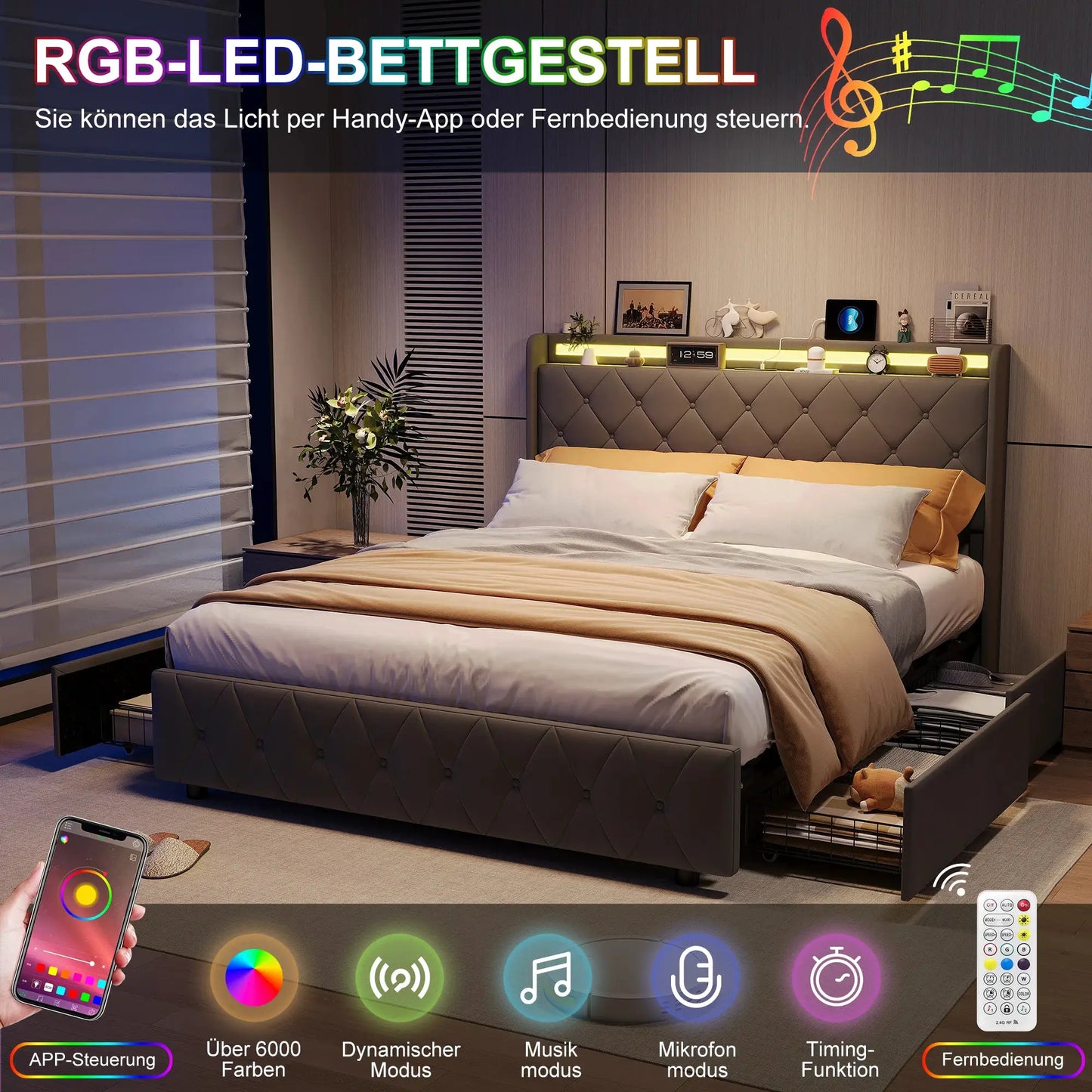 Gepolstertes Bett LED Beleuchtung USB Ladeanschluss Vier Schubladen