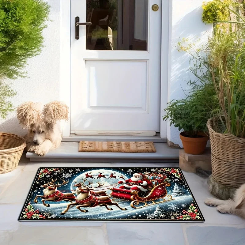 1PC Christmas Decorations Santa Claus and Reindeer Mat Mat Suitable for Home Entrance, Kitchen, Living Room, Bedroom