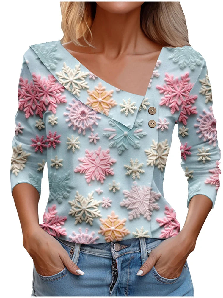 T Shirt For Women Fashion Long Sleeve Top White Floral Print Shirts And Blouses 3D Print Clothes For Women 2025 y2k