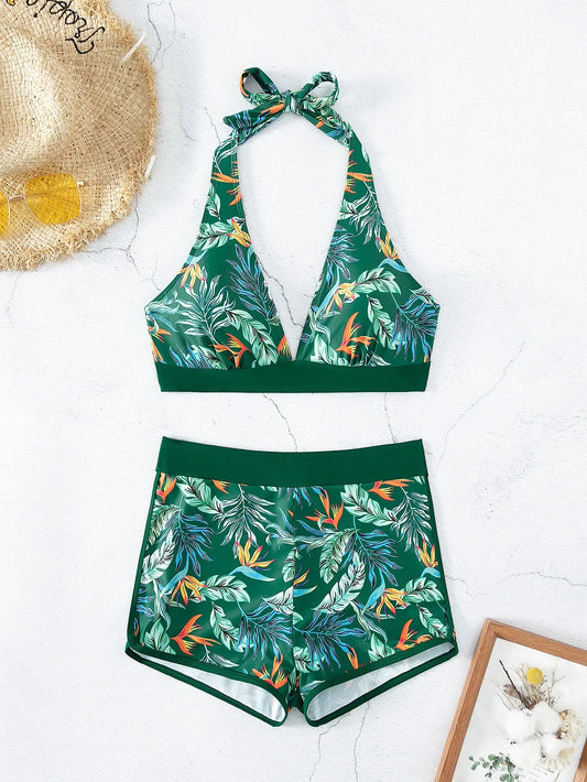 Halter Bikini Set Kurzer Schwimmanzug Frauen High Waist Bedruckte Bademode