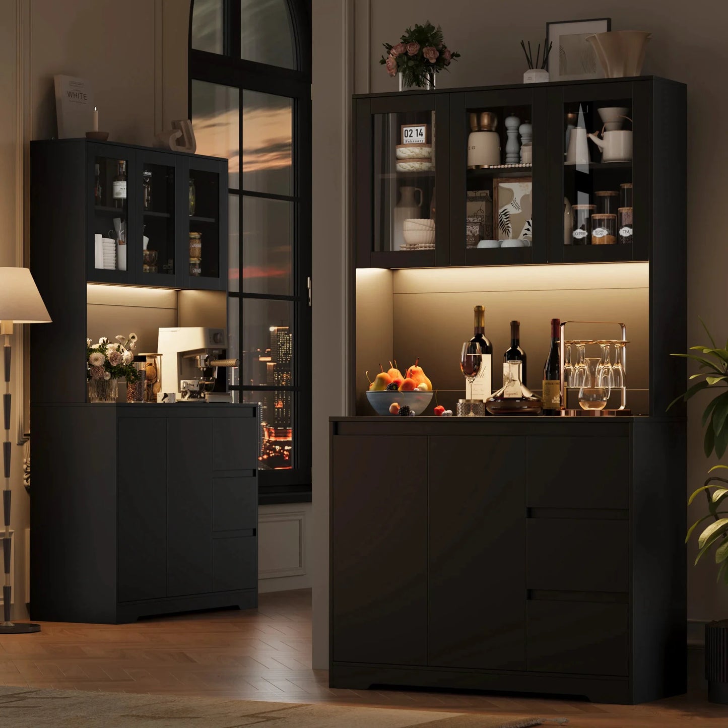 Getone Küchenbuffet mit LED,Küchenschrank Buffetschrank mit Steckdosenleiste mit 3 Schubladen Verstellbares Regal 100x38.5x180cm by Golden Bridge Store