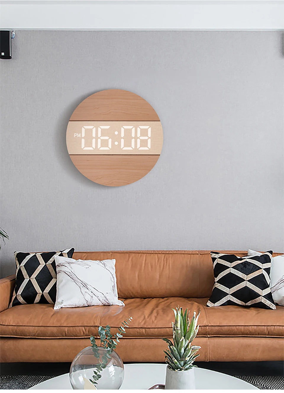 LED Digital Wall Clock Wooden Large Round Screen Automatic Brightness Adjustment 12/24H Hanging Clock Home Living Room Decor