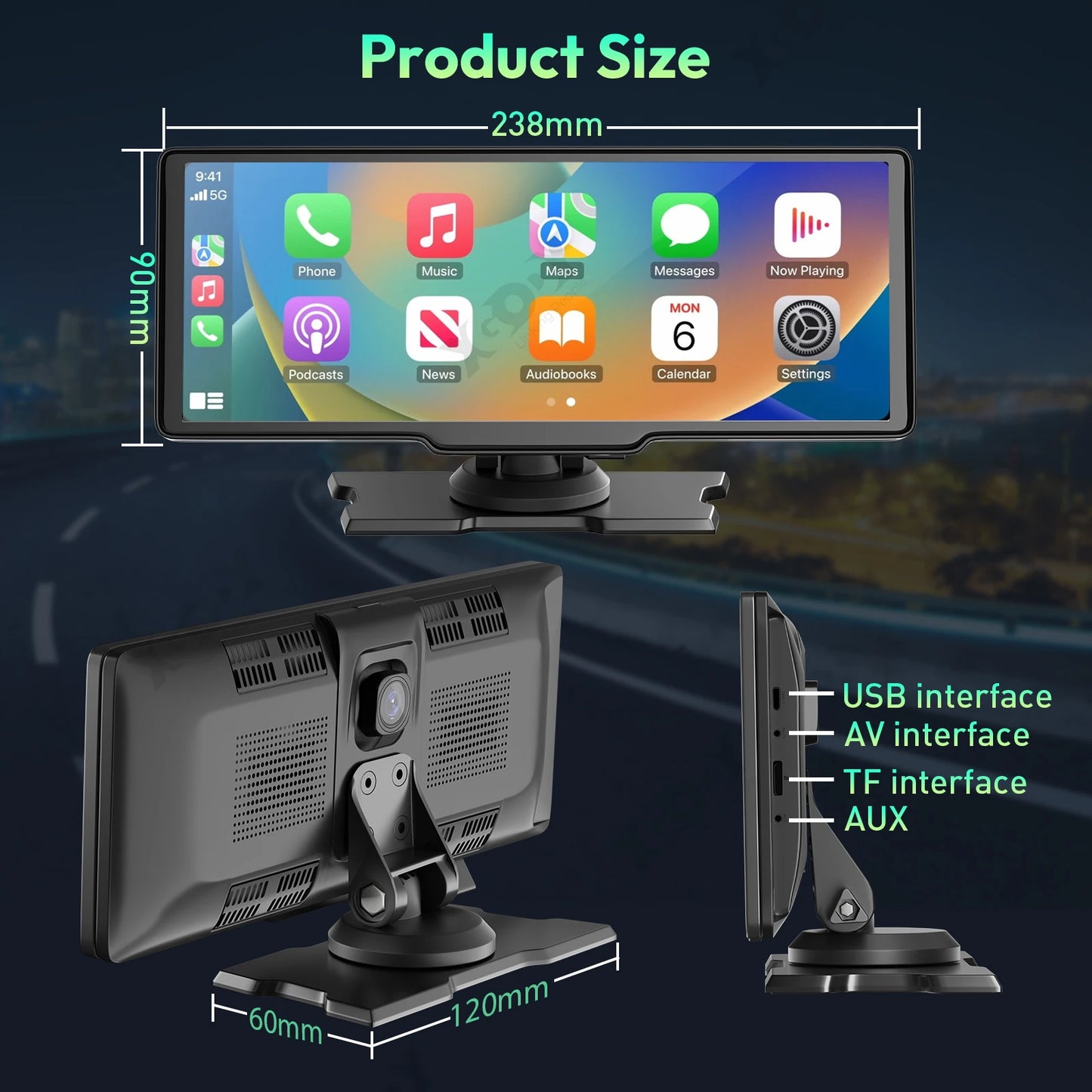 4K 10.26" Touchscreen Auto DVR Dashcam - Kabellos Apple CarPlay Android Auto Dual Lens Video Recorder
