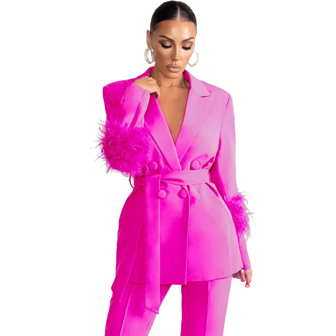 Elegant Women 2 Piece Set Solid Notched Neck Blazer Zipper Long Pants Feather Upright Coat Ladies Suit Fall Winter Office Wear