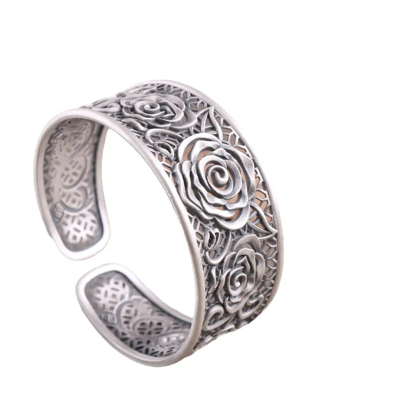 Handcrafted s999 sterling silver rose filigree bangle wide bracelet unique artisan design