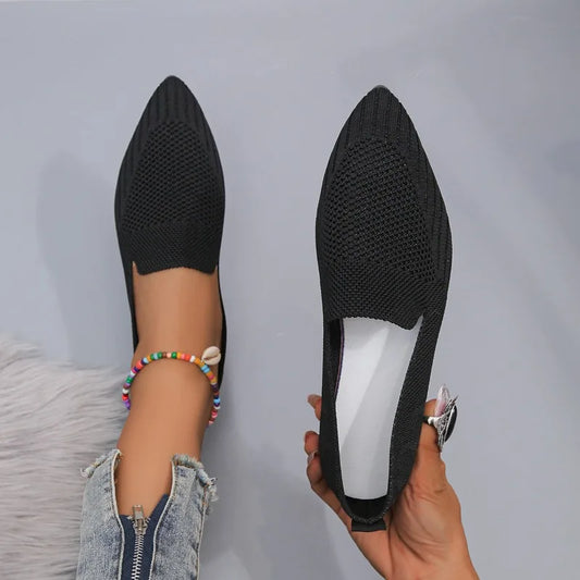 Elegant Office Women Loafers Ladies Hollow Knitting Breathable Solid Color Pointed Toe Mesh Shallow Mouth Flat Casual Shoes