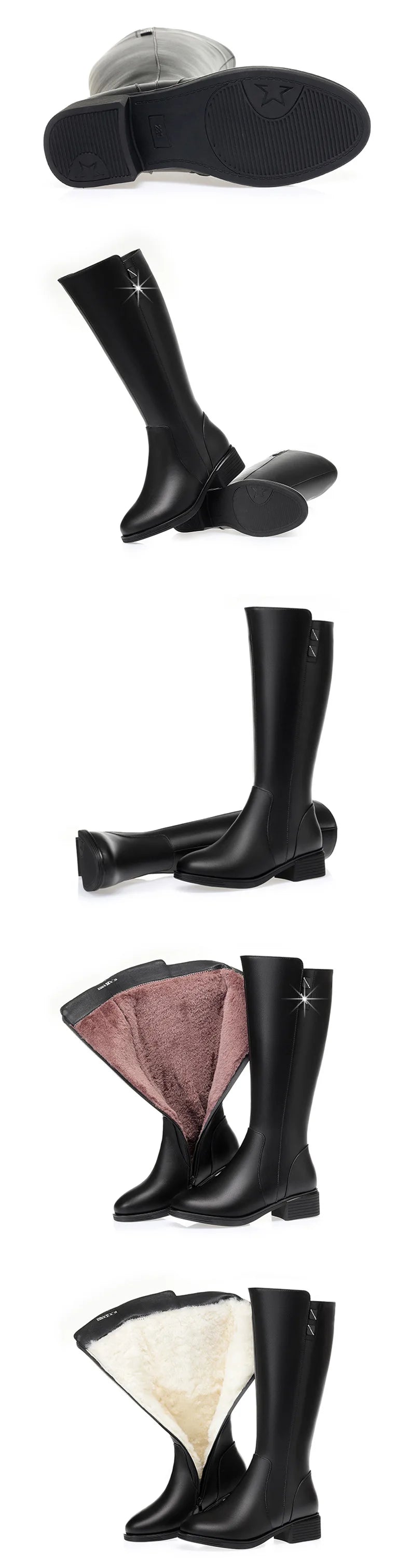 Ghete de iarnă din piele naturală Woizgic KQ-Z, închidere cu fermoar până la jumătatea gambei - Mărimea 41-42, toc 3-5 cm, căptușeală din lână