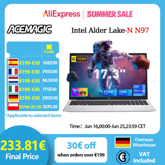 Laptop 2025: ACEMAGIC AX17 Intel Processor N97 17.3" Ultra Slim 6000mAh - 16GB LPDDR4 RAM 512GB ROM Windows 11 Collection