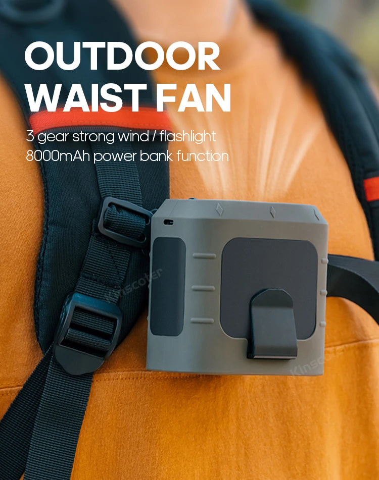 KINSCOTER Tragbarer Outdoor Hüft-Ventilator - 8000mAh LED Beleuchtung Multifunktional Nacken-Ventilator Power Bank