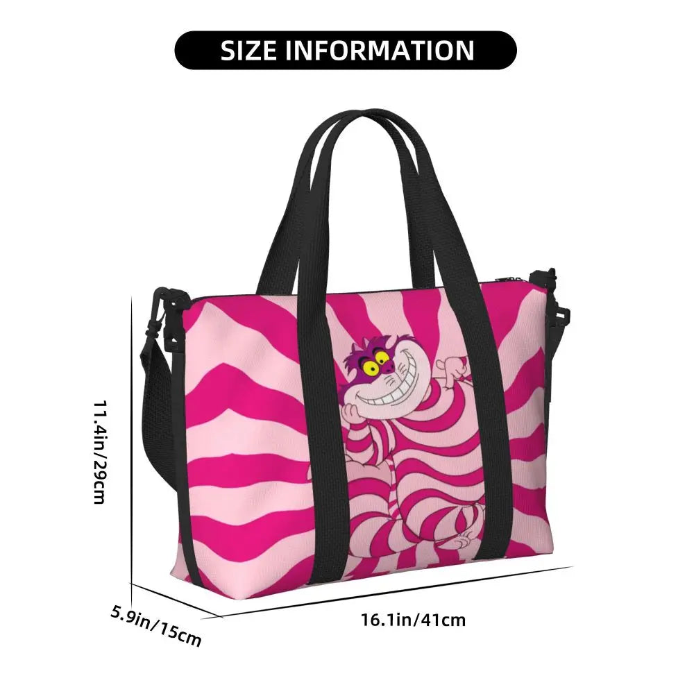 Custom Cheshire Cat Beach Tote Bag for Women We're All Mad Here Cat Big Compartment Gym Beach Travel Bags