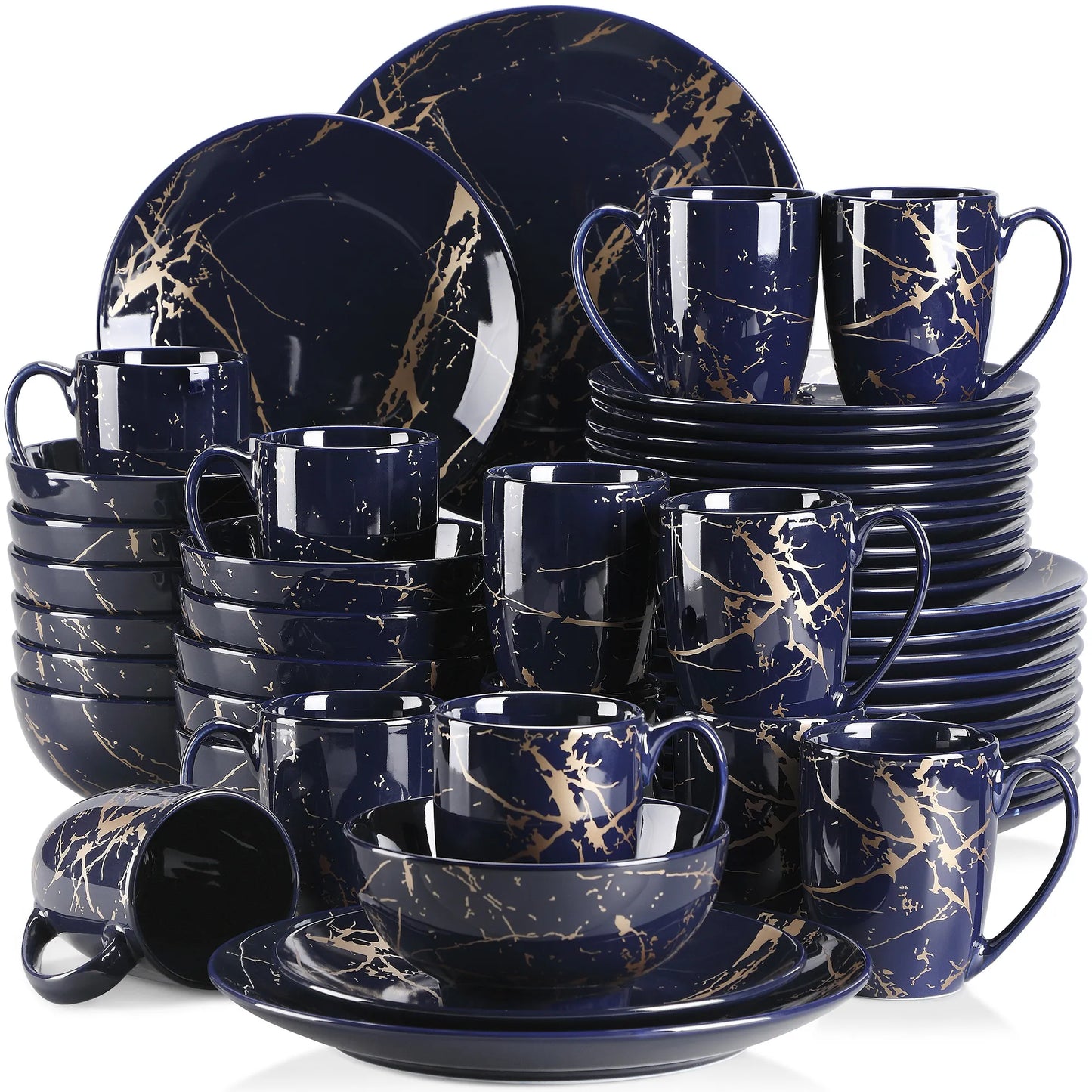 LOVECASA 16/32/48 Stück schwarzes blaues Porzellan-Dinnerware-Set, Design von Gold Splash, mit Dinner-Plate, Cake-plate, Bowls, Coffee Cups