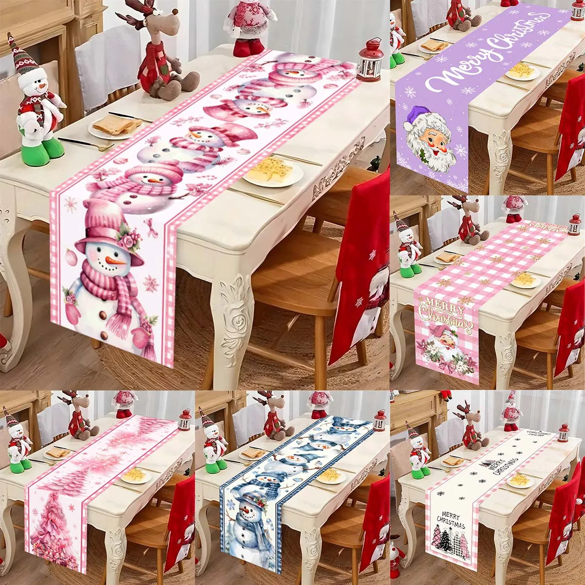 Pink Christmas Table Runner Snowman Santa Claus Merry Christmas Decorations For Home 2025 Navidad Noel Gift New year Tablecloth