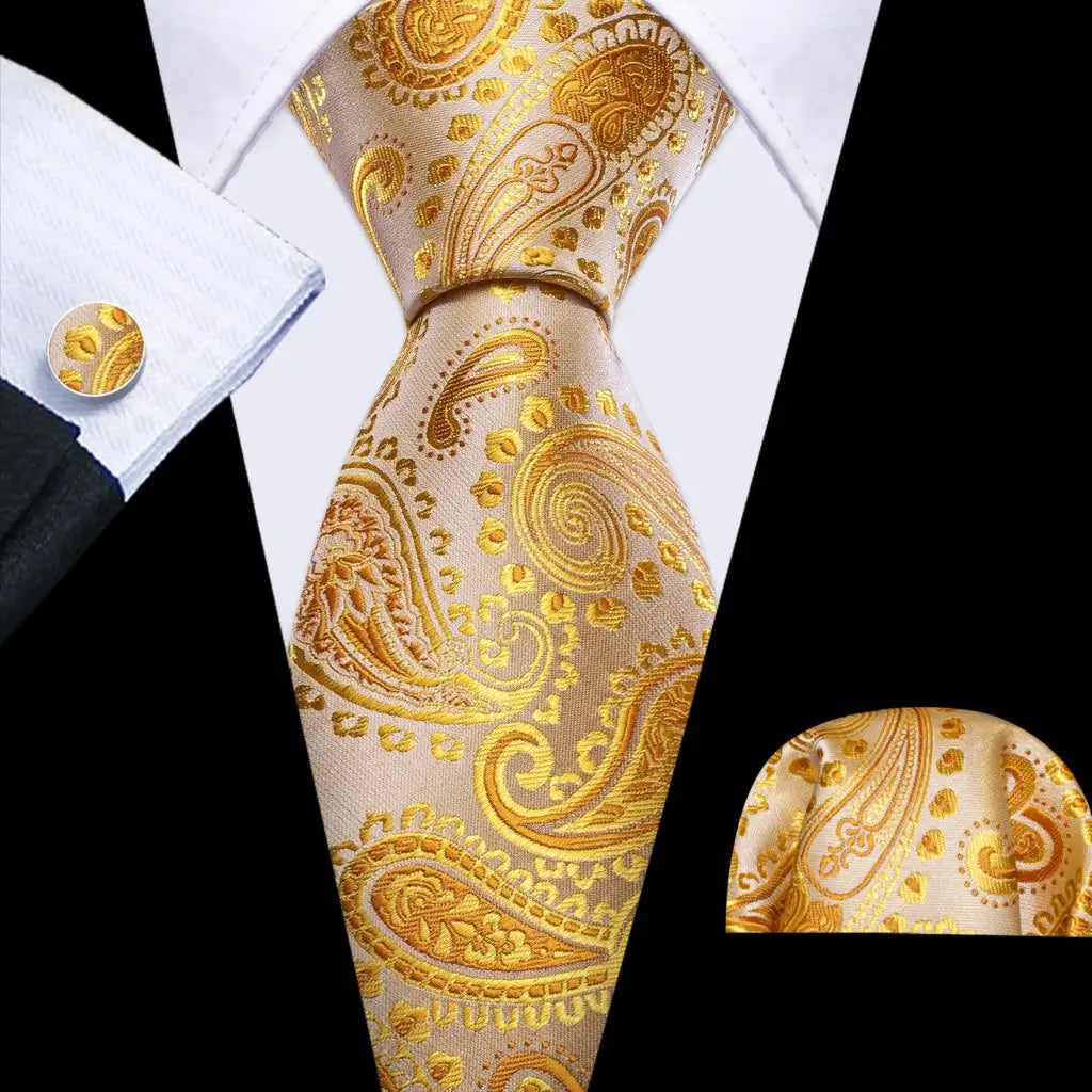 Fashion Silk Men Tie Set Gold Yellow Orange Solid Paisley Striped Plaid Floral Necktie Pocket Square Cufflinks Wedding Business
