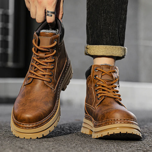 YEISNDOOCN Leder Stiefelette Winter Plüschfutter - Größenvielfalt, Flacher Absatz, Knöchelhoher Schaft