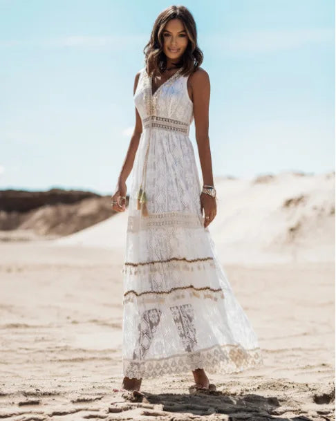 Boho style girl dress white cotton lace sleeveless long summer
