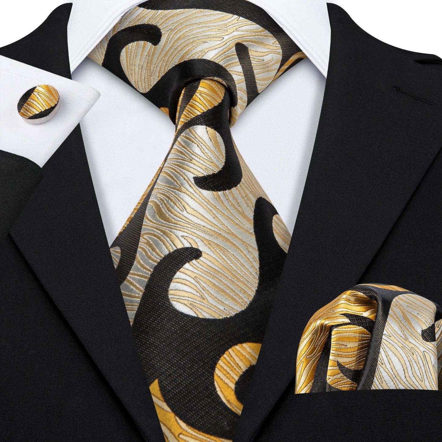 Fashion Silk Men Tie Set Gold Yellow Orange Solid Paisley Striped Plaid Floral Necktie Pocket Square Cufflinks Wedding Business