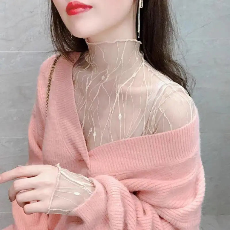 Women's T-shirt Summer Outfits Long Sleeve Pullover See Through Tops Fashion Lady Sexy Tops Mesh Slim Chiffon Tees New Black Top