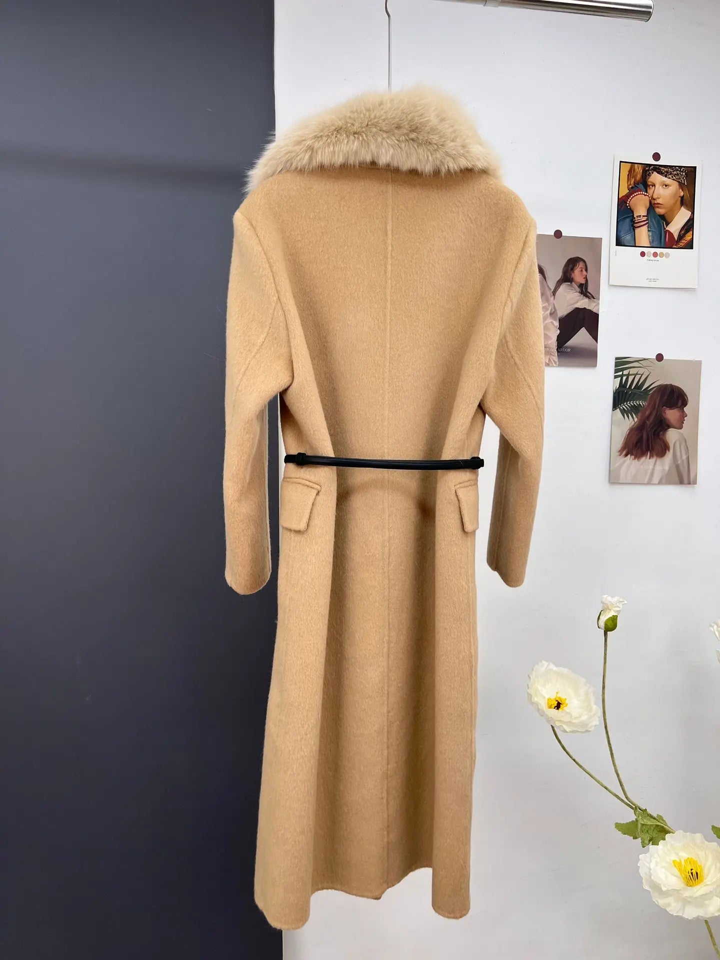 women's luxury wool coat  long patchwork design with detachable fox fur