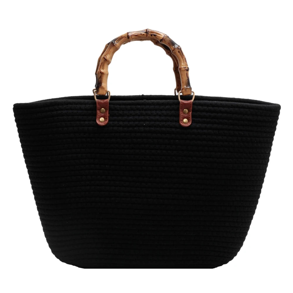 Beach Vacation Bags Bamboo Handle Holiday Hand Bag Large Capacity Striped Portable Casual Fashion Exquisite for Seaside Party