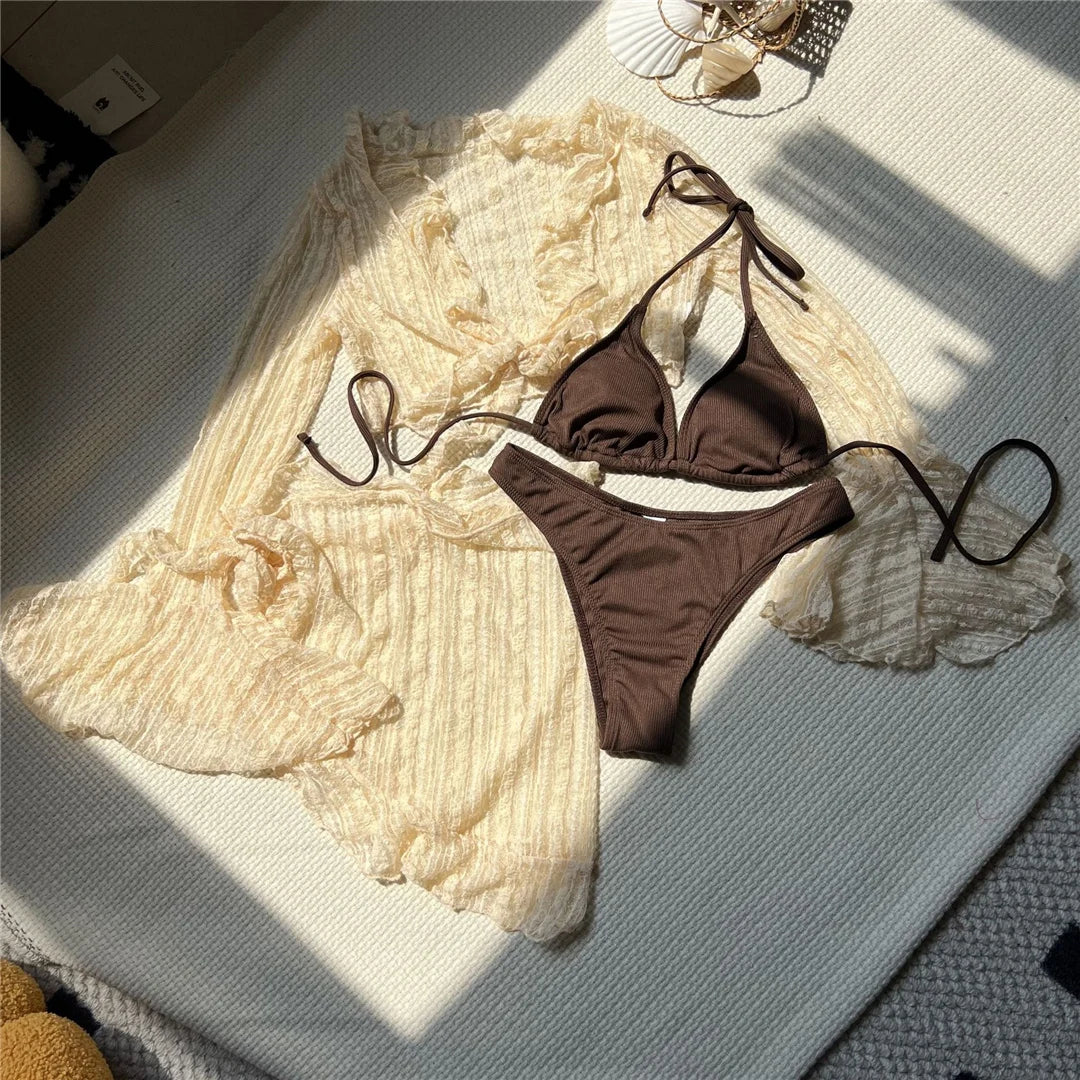 4PCS Halter Bikini Set Sarong Langarm - Vierteilig S M L