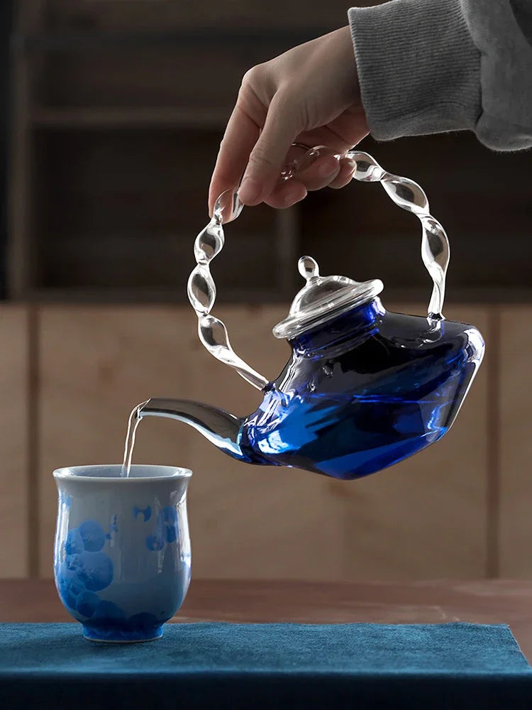 Blue Glass Teapot Teacup Tea Filter Mesh Glass Coffee Pot Heat-resistant Glass Pot Household Kitchen Kettle Exquisite Gift 2022
