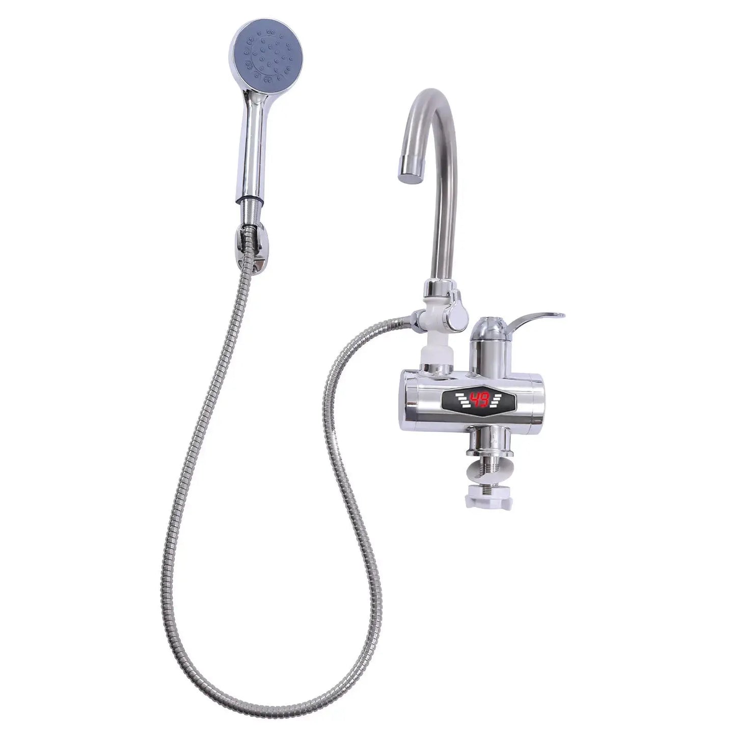 360 °   Drehbarer elektrischer Wasserhahn mit LCD-Display, 3000 W, schnelles Aufheizen, IPX4, wasserdicht, EU-Stecker für Waschbecken und Dusche, Silber