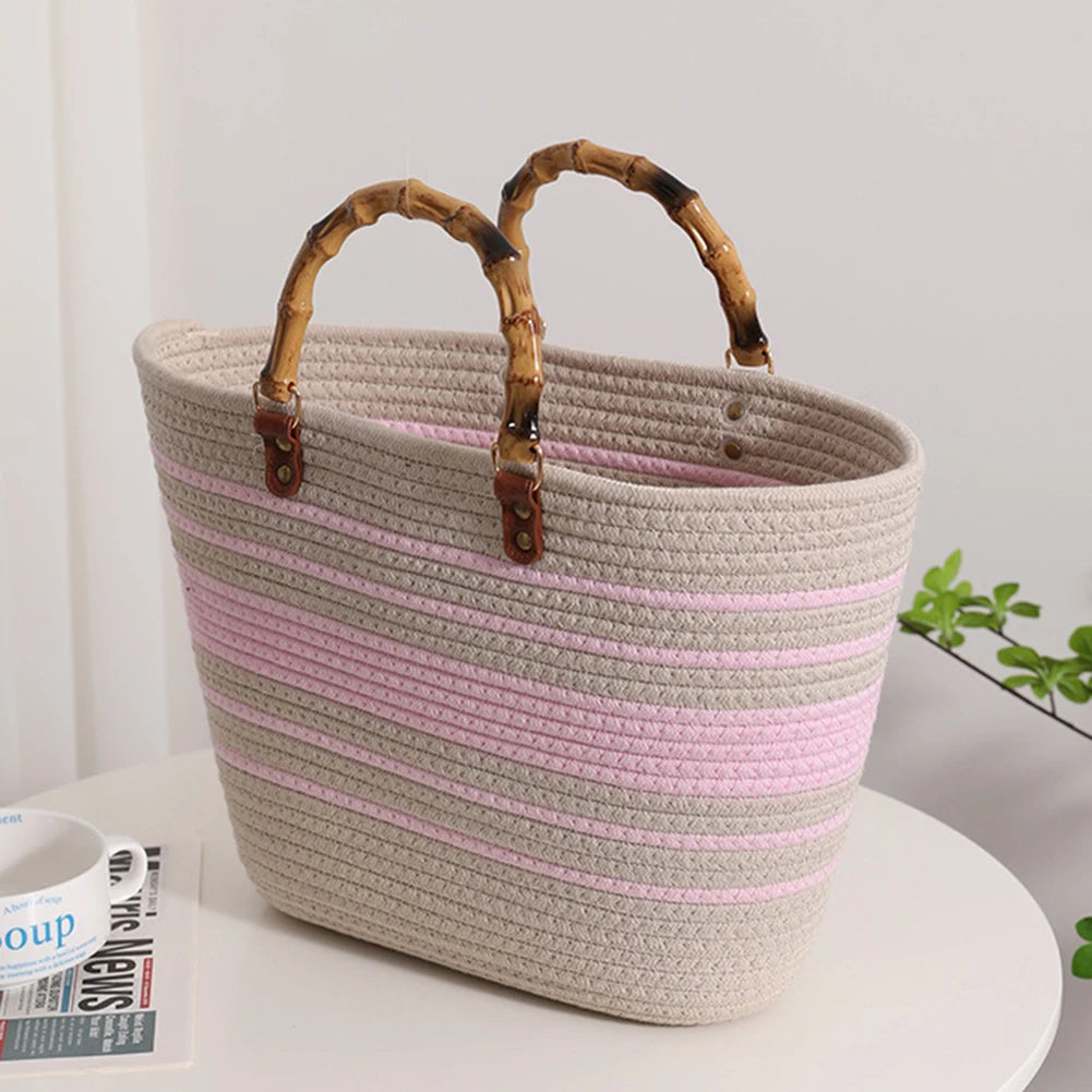 Beach Vacation Bags Bamboo Handle Holiday Hand Bag Large Capacity Striped Portable Casual Fashion Exquisite for Seaside Party