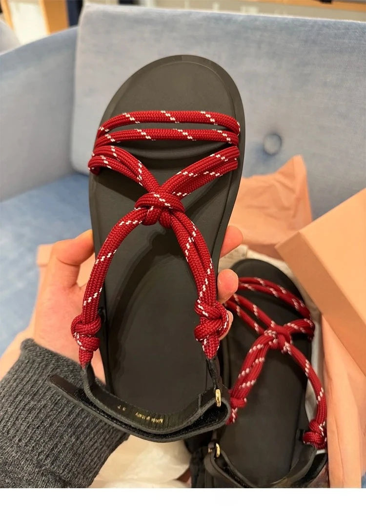 Damen Seil-Knoten Zehentrenner Sandalen - Weiche Sohle Komfort Sommer - Geflochtene Riemen Fashion Sandalen