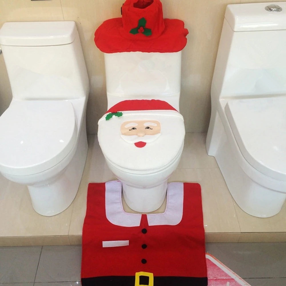 3PCS Christmas Toilet Seat Cover Creative 3D Xmas Cute Cartoon Santa Claus Toilet Cover for Bathroom Decor Supplies