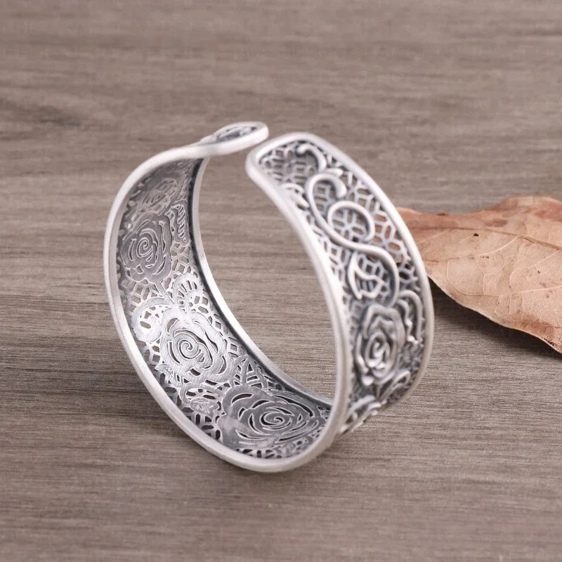 Handcrafted s999 sterling silver rose filigree bangle wide bracelet unique artisan design