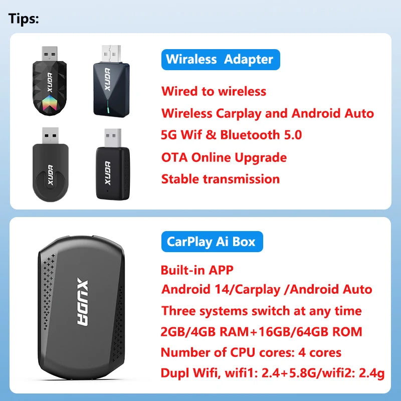 XUDA 2in1 Drahtlos CarPlay AI Mini Box 2025 - Android Auto Box Plug Play - Automatisch Verbindung Kompatibel 99% Autos Auto Radio