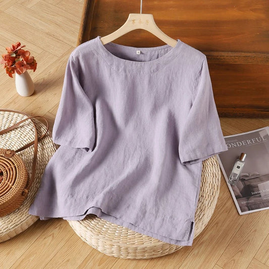 Cotton and Linen T-shirts Loose Vintage Round Neck Short Sleeved Women Top 2025 Summer New Casual Solid Color Oversized T-shirt