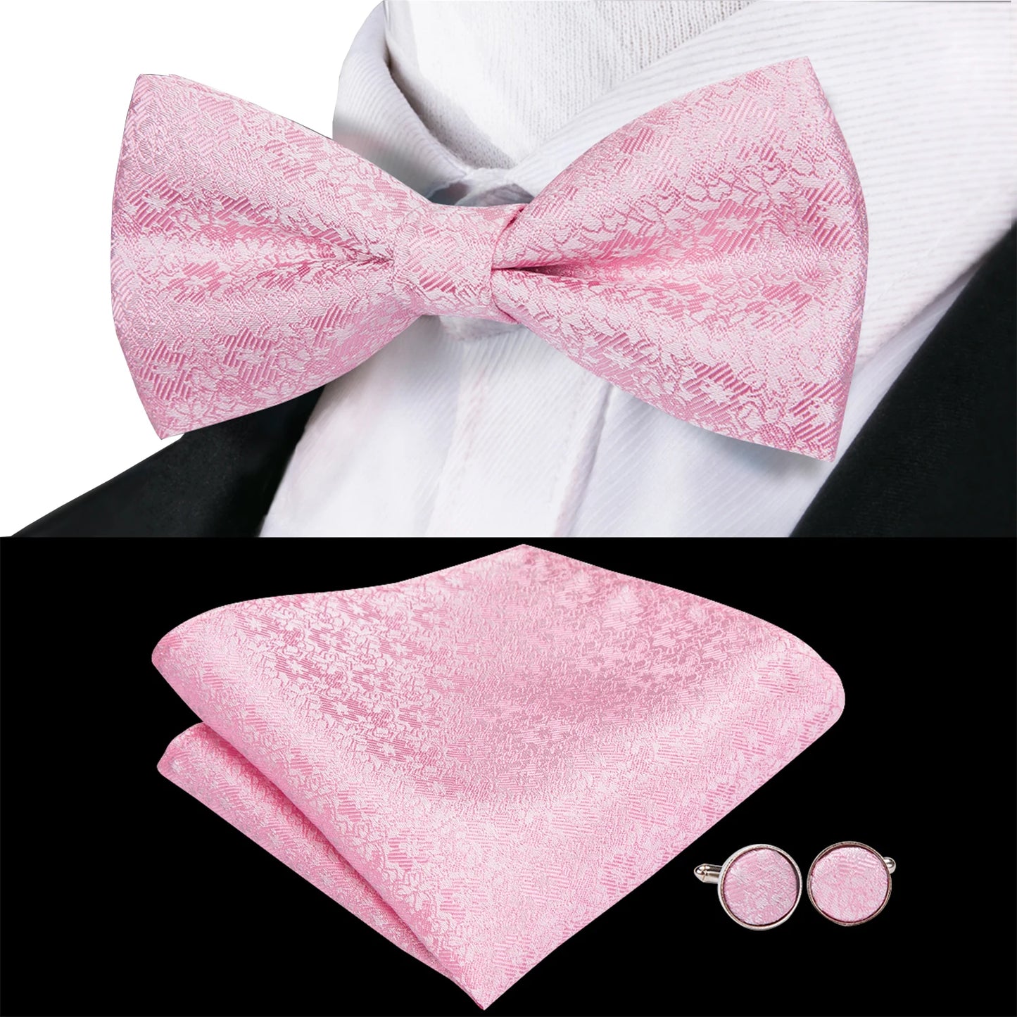 Hi-Tie Peach Pink Salmon Silk Mens Bow Tie Pocket Square Cufflinks Set Pre-tied Butterfly Knot Bowtie for Male Wedding Business