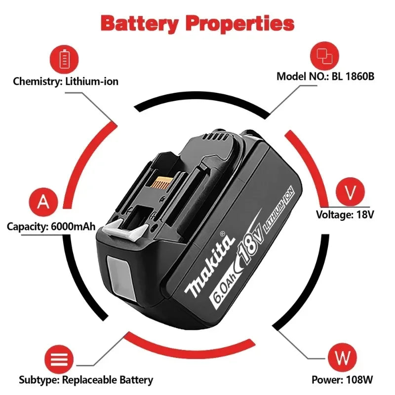 Makita 100% Original Rechargeable Power Tool Battery 6.0Ah 18V BL1830 BL1850 BL1840 BL1860 BL1815，Replaceable LED Lithium-ion