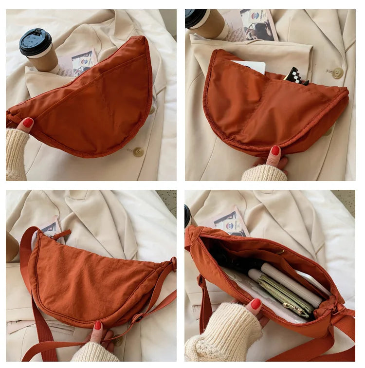 Solid Color Women's Portable Shoulder Bag Simple Female Nylon Cloth Padded Crossbody Bags Travel Purse Handbags Messenger Bag