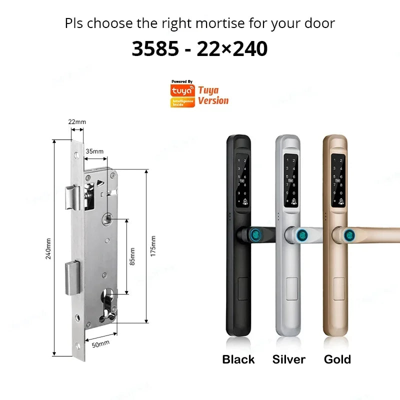 92/85mm Wasserdichter Outdoor-Fingerprint-TUYA-WIFI-APP-RFID-Karten-Code-Schlüssellos-Smart-Elektronischer-Türschloss-Aluminium/Glas-Schiebe