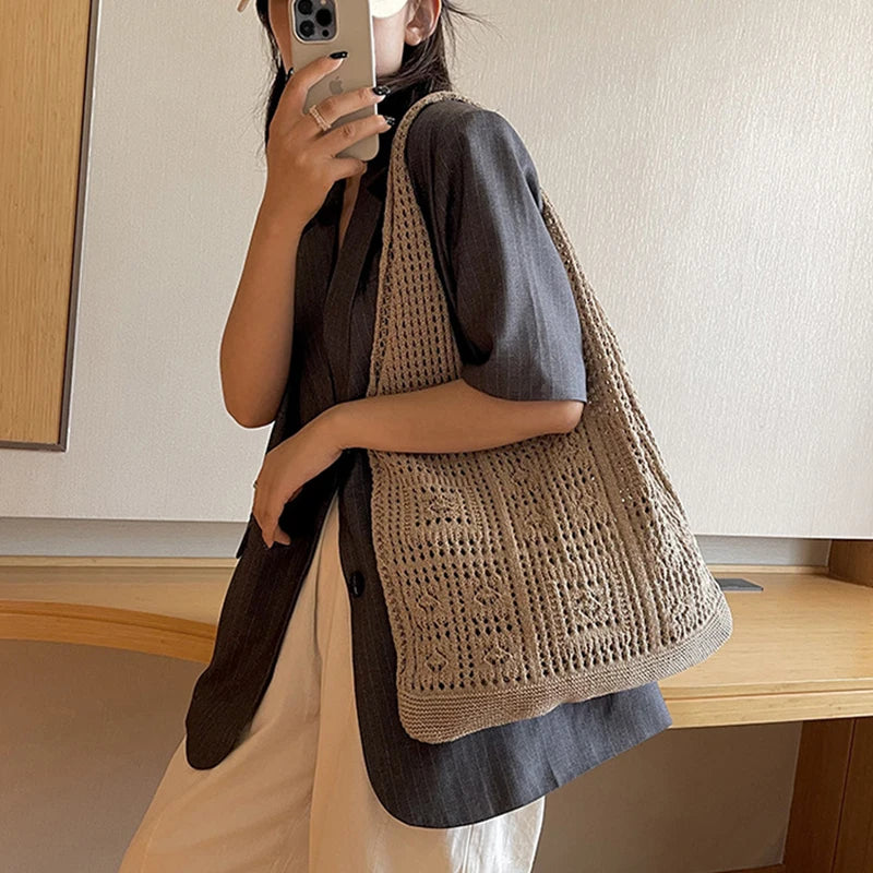 Knitted Handbags Beach Bags Lightweight Students Shoulder Casual Tote Female Style Shopping Woven Bags For Women Girls