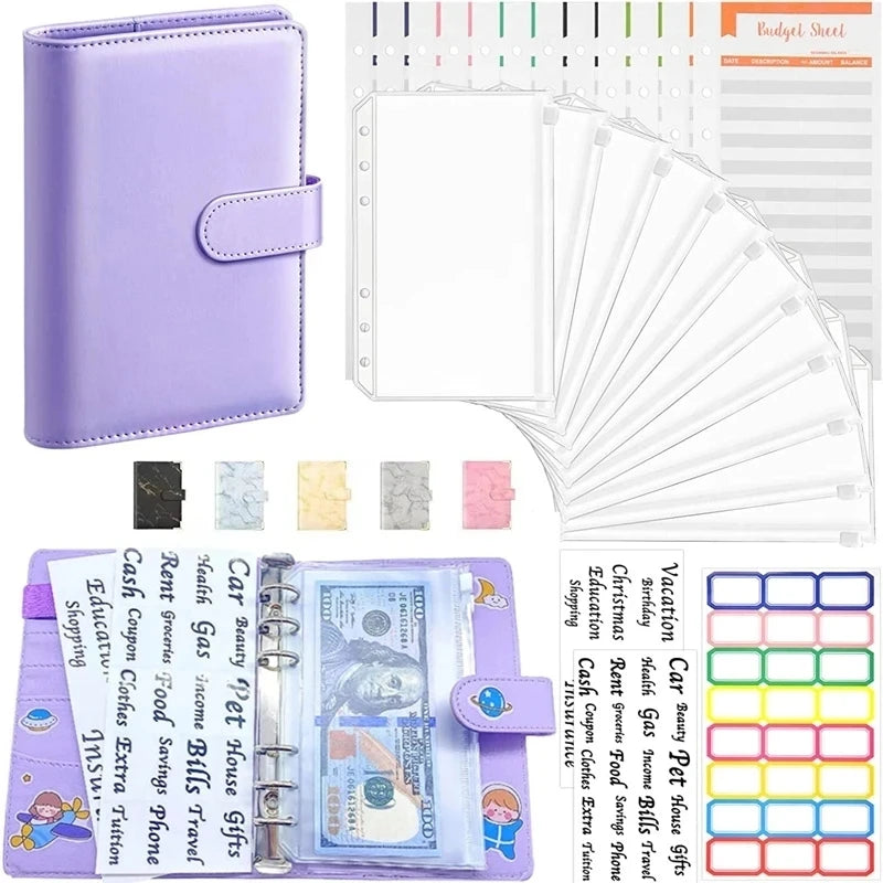 PU Leder Notizbuch A6 2025 - DIY Planner Organizer 8 Taschen Budget Sheets Schule