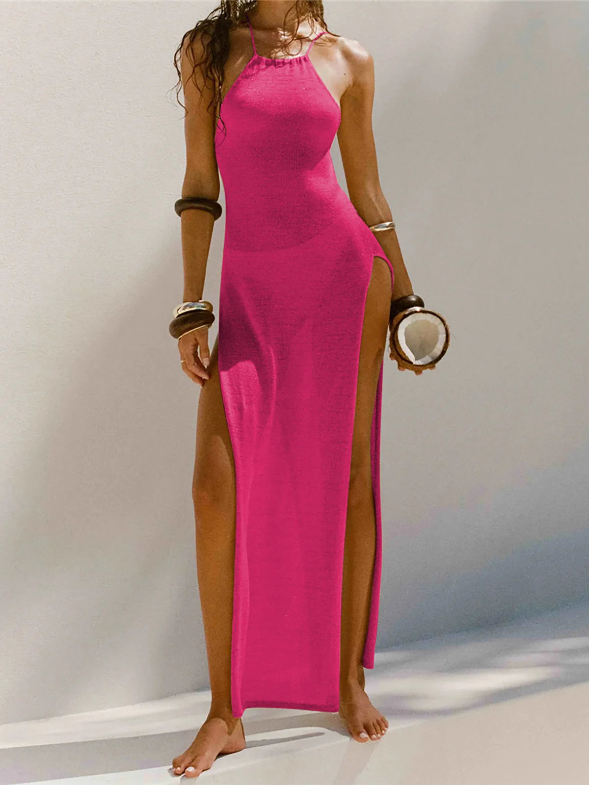 Elegant 12 Farben High Slit Häkel Gestrickt Maxi Kleid - Lang Strand Cover Up Urlaub Party Kleider Strandmode