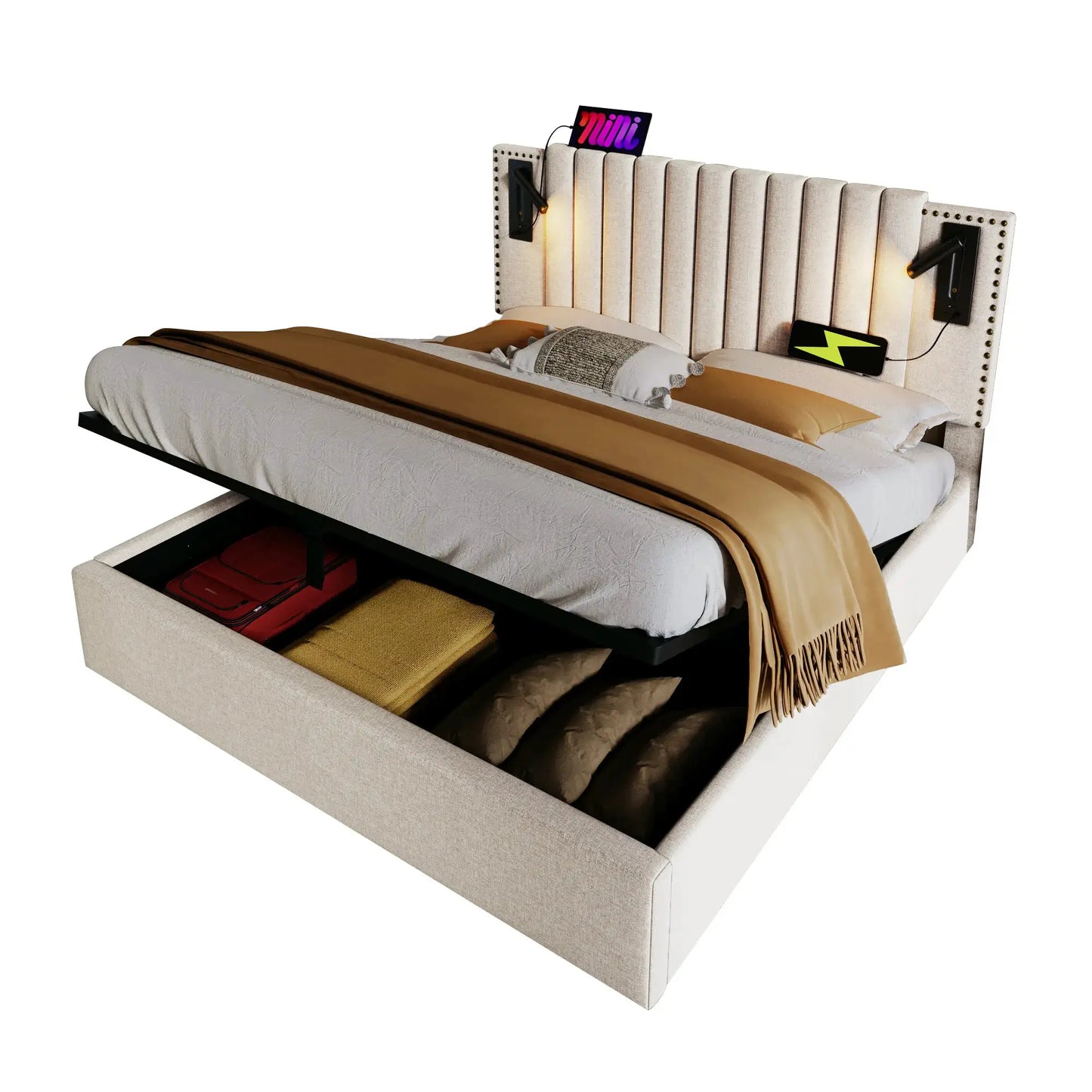 Polsterbett Doppelbett Mit Leselicht Und USB Ladefunktion