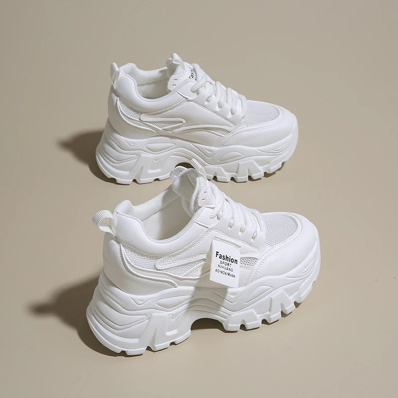 Whiet Breathable Chunky Sneakers Woman 2025 Spring Thick Platform Casual Sneakers Women Non Slip Lace Up Sports Shoes Female