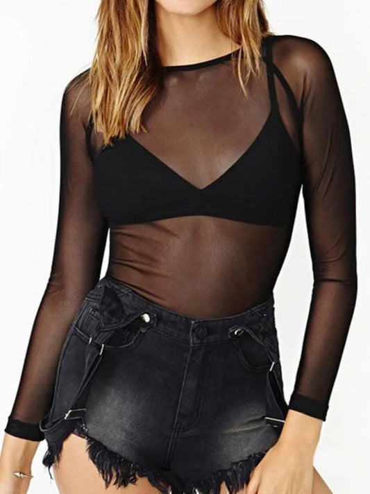 Langarm-Top 2025: Dozw Spring Summer Womens Long Sleeve Sexy Black Mesh Top - Blouses Transparent Punk Club Shirt Tees Beach Tops Collection