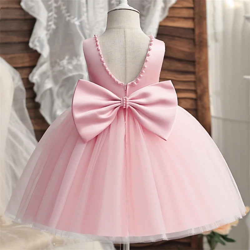 Baby Mädchen Kleid Große Schleife Perlen Rückenfrei 1. Geburtstag Party Kleid Säugling Mädchen Prinzessin Hochzeit Tüll Kleid Taufe Kleid 1-5J