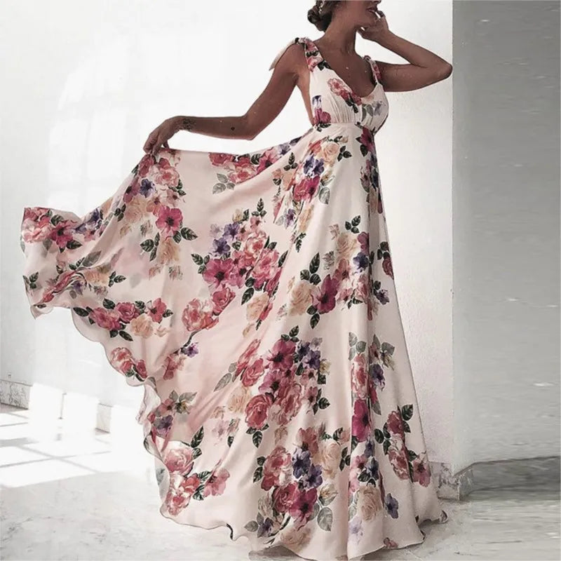 Backless women floral high waist large swing sleeveless long dresse