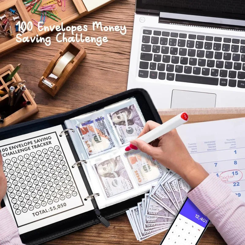 PU Leather Notebook Binder Budget Saving Money Planner Money Organizer for Cash Savings Zipper Envelope Pockets Stickers