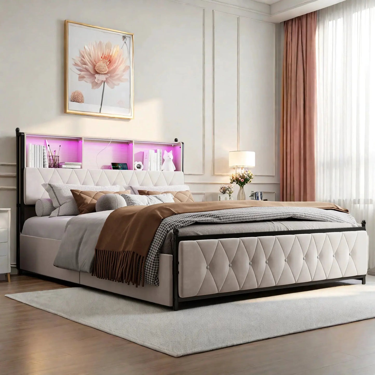 Polsterbett 180x200 cm Mit Stauraum Und LED USB Beleuchtung