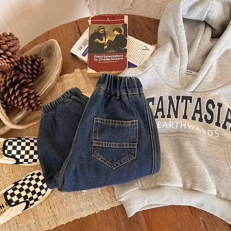 Jeans For 1-8Y Boys Autumn Winter Solid Spliced Cotton Kids Boys Trousers Fashion Velvet Thicken Children Boys Warm Jogger Pants